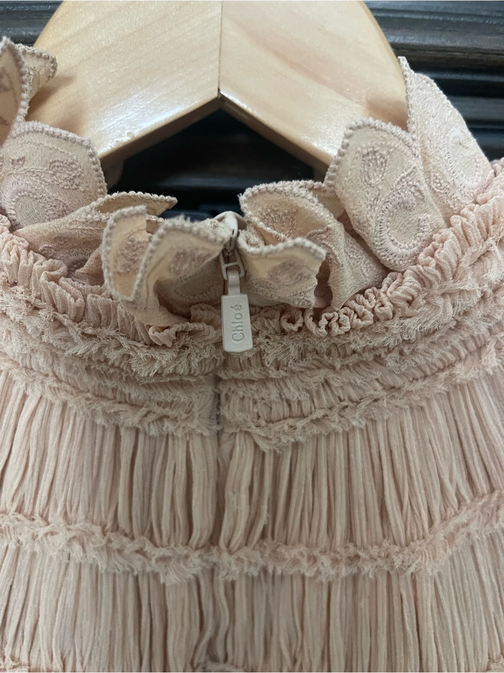 Chloé Smocked High-Neck Pleated Silk Blouse in Nude Beige - Picture 8 of 10